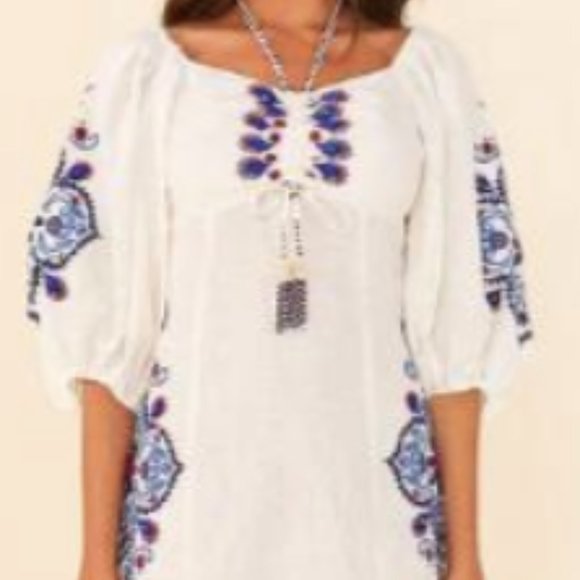 Farm Rio Off White Navy Embroidery Mini Dress - Picture 2 of 3